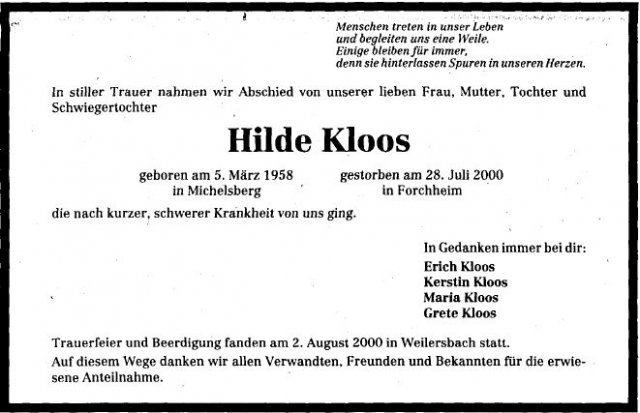 Kloos Hilde 1958-2000 Todesanzeige